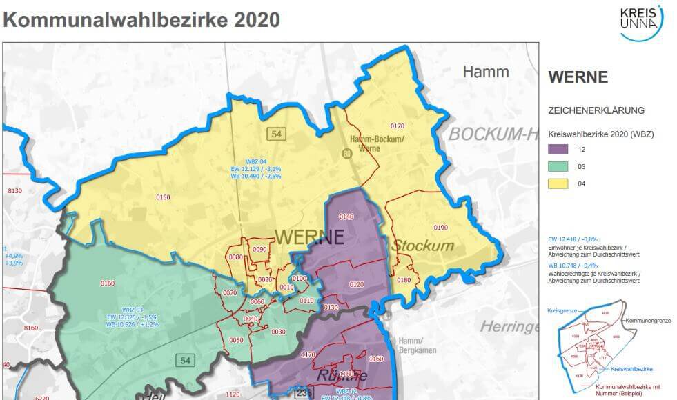 Übersicht über die Wahlbezirke in Werne. Grafik: Kreis Unna