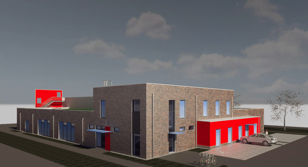 Die Nordwest-Ansicht des geplanten neuen Feuerwehrgerätehauses in Stockum. Visualisierung: ulrich+bahr architekten gmbh
