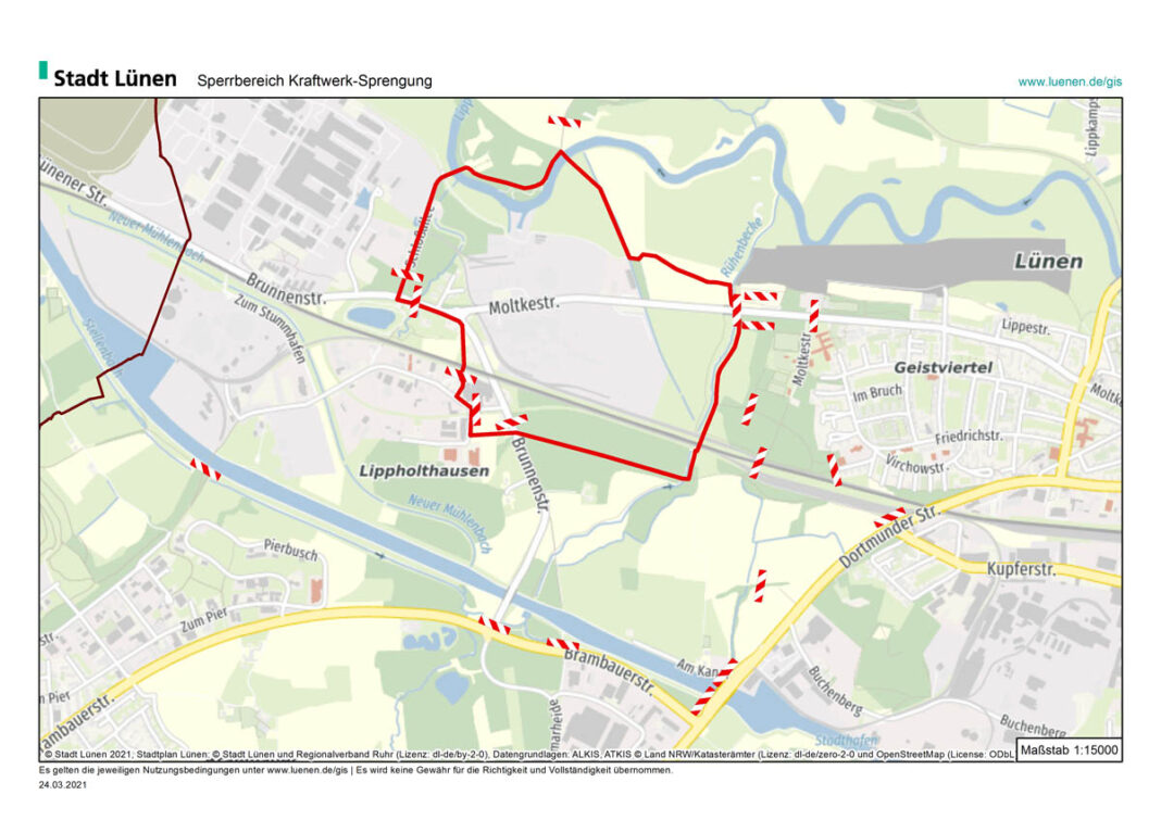 Karte_KW-Sprengung 24.3.2021 Hier kommt am Sonntag niemand durch: Der Sperrbereich und die wichtigsten Straßensperren rund um das Gelände des ehemaligen Steag-Kraftwerks in Lünen. | Grafik: Stadt Lünen; Stadtplan Lünen: Stadt Lünen und Regionalverband Ruhr (Lizenz: dl-de/by-2-0), Datengrundlagen: ALKIS, ATKIS © Land NRW/Katasterämter (Lizenz: dl-de/zero-2-0 und OpenStreetMap (License: ODbL)