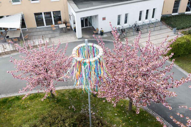 Ein Maibaum mit Kranz und bunten Bändern zieht die Blicke am Malteserstift in Herbern auf sich. Foto: Isabel Schütte