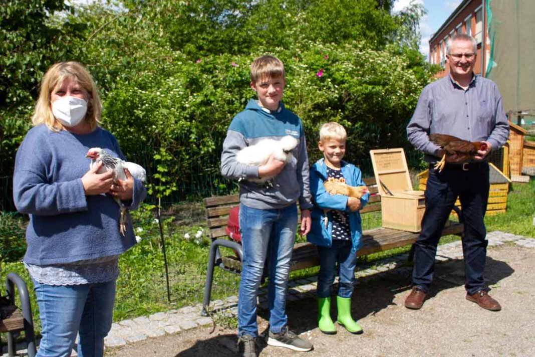 Malteserstift Hühner Freuen sich über die gefiederten Bewohnerinnen in St. Benedikt: Nicole Fischer, Felix Frenking, Clemens Krampe und Rainer Nienhaus. Foto: Isabel Schütte