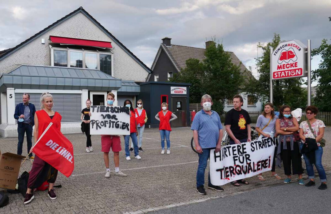 Die Linke Demo_Mecke Rund 15 Personen versammelten sich am Mittwochabend zu einer Protest-Aktion gegen Tierquälerei an der Lippestraße. Foto: Gaby Brüggemann