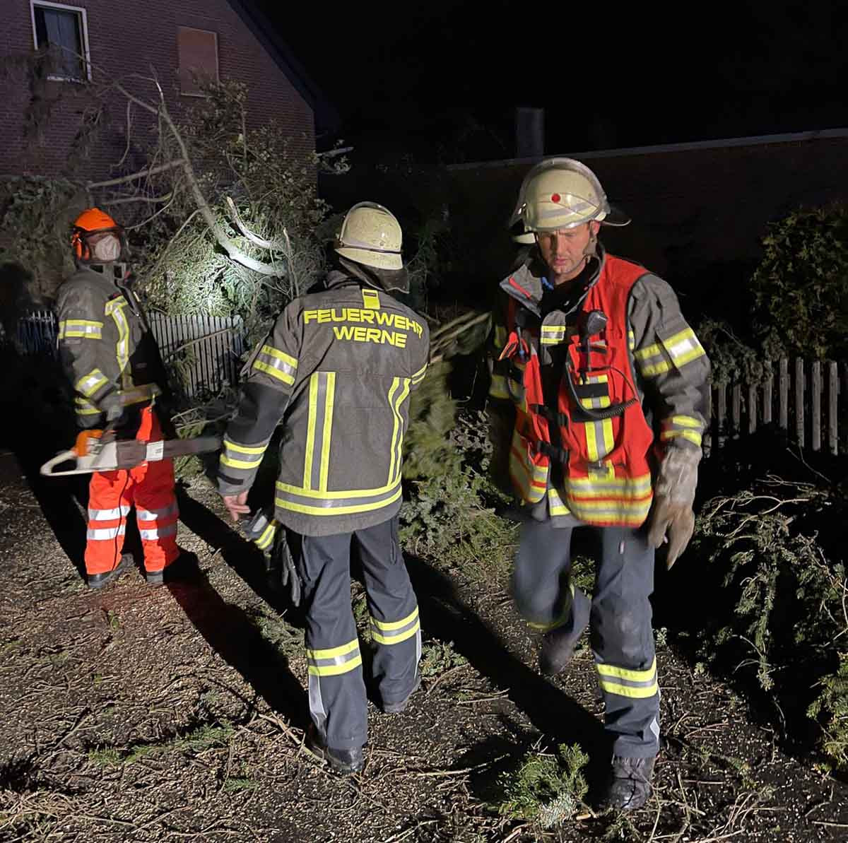 Die Löschgruppe 2 aus Langern der Freiwilligen Feuerwehr Werne beseitigte in der Nacht auf Freitag einen umgestürzten Baum in der Nähe der Reitanlage Lenklar. Foto: Feuerwehr Werne
