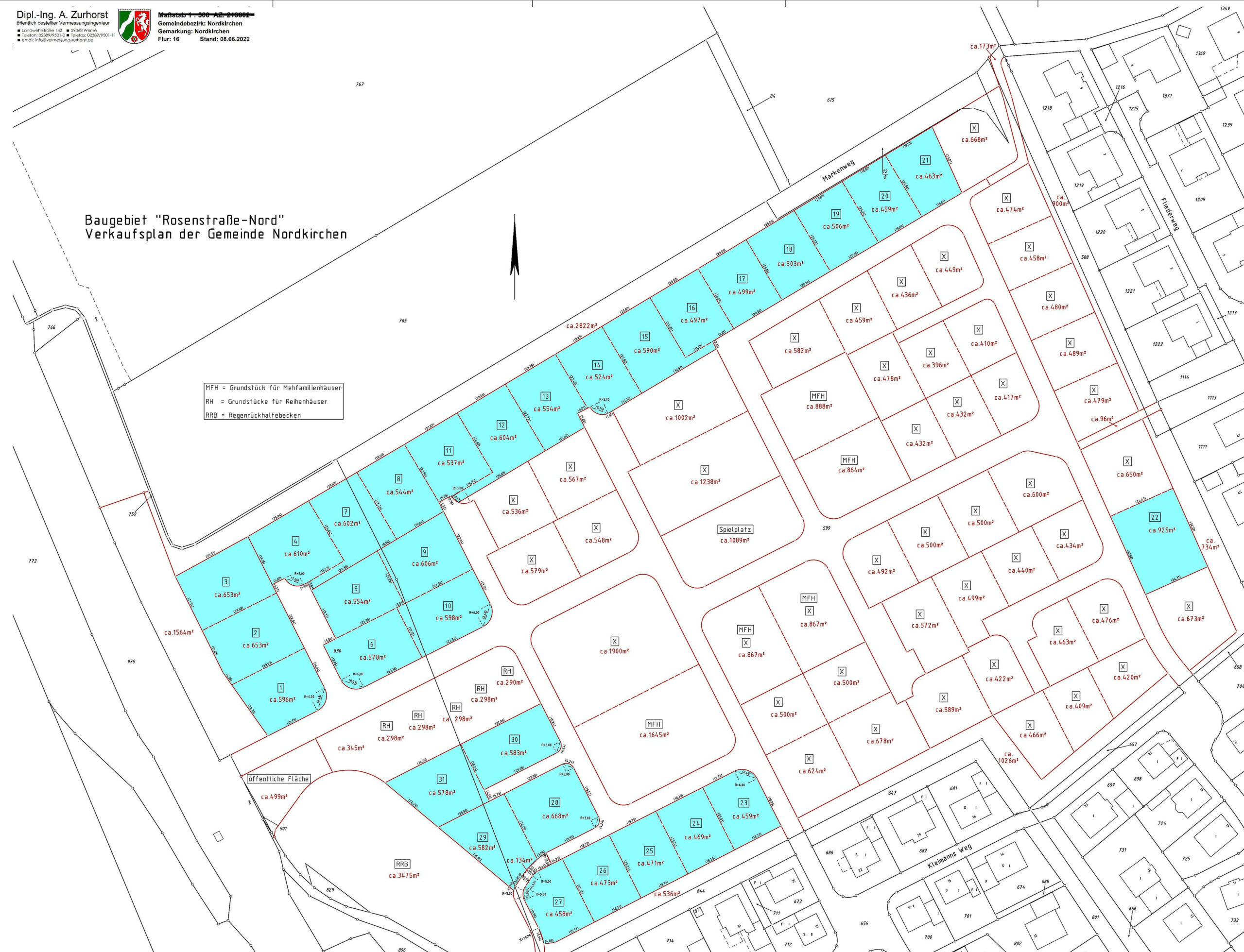Im Nordkirchener Baugebiet Rosenstraße Nord gehen Grundstücke für Eigenheime in die Vermarktung. Plan: Gemeinde Nordkirchen