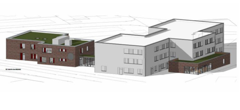 Die Planungen für den Erweiterungsbau der Wiehagenschule schreiten voran. Zoff gibt es noch um den Förderbescheid für die geplante Zweifachhalle an der Klöcknerstraße. Grafik: GPE