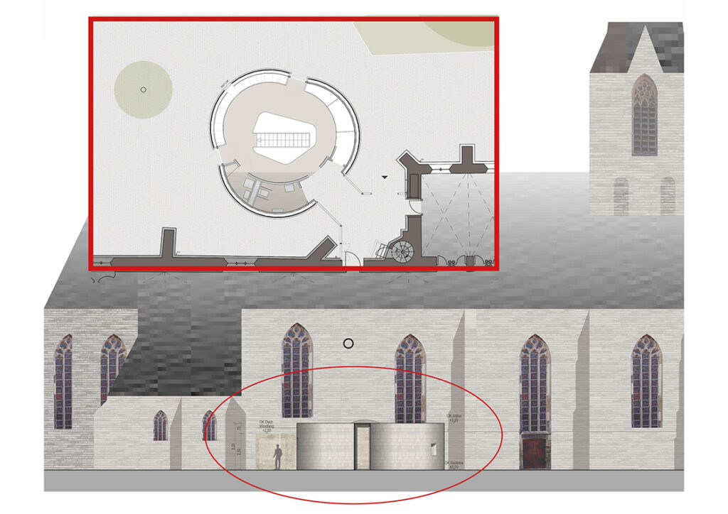 Die Pläne für die neue Sakristei wurden vorgestellt. Dezent fügt sich der Neubau (roter Kreis) in das Kirchplatz-Ensemble an der Nordseite ein. Ein Glasgang verbindet das runde Gebäude mit dem Kirchenschiff (kleines Bild). 