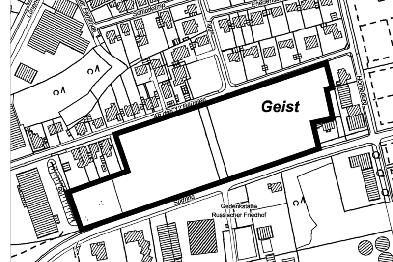 Die Freifläche südlich der Straße „An den 12 Bäumen“ und nördlich des Südrings wird wohnbaulich entwickelt. Das dafür vorgesehene Plangebiet umfasst eine Größe von rund 25.000 m². Plan: Stadt Werne