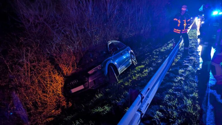 Der Audi war aus ungeklärter Ursache von der Fahrbahn abgekommen und mehrere hundert Meter neben der Schutzleitplanke gefahren. Fotos: FFW